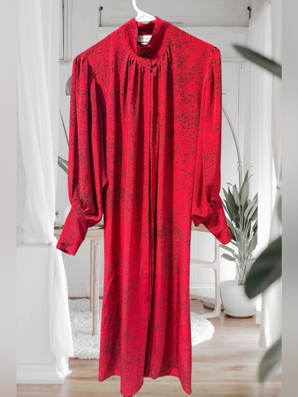 Vintage 70s/80s Red & Black Speckled Maxi Dress Balloon Sleeves